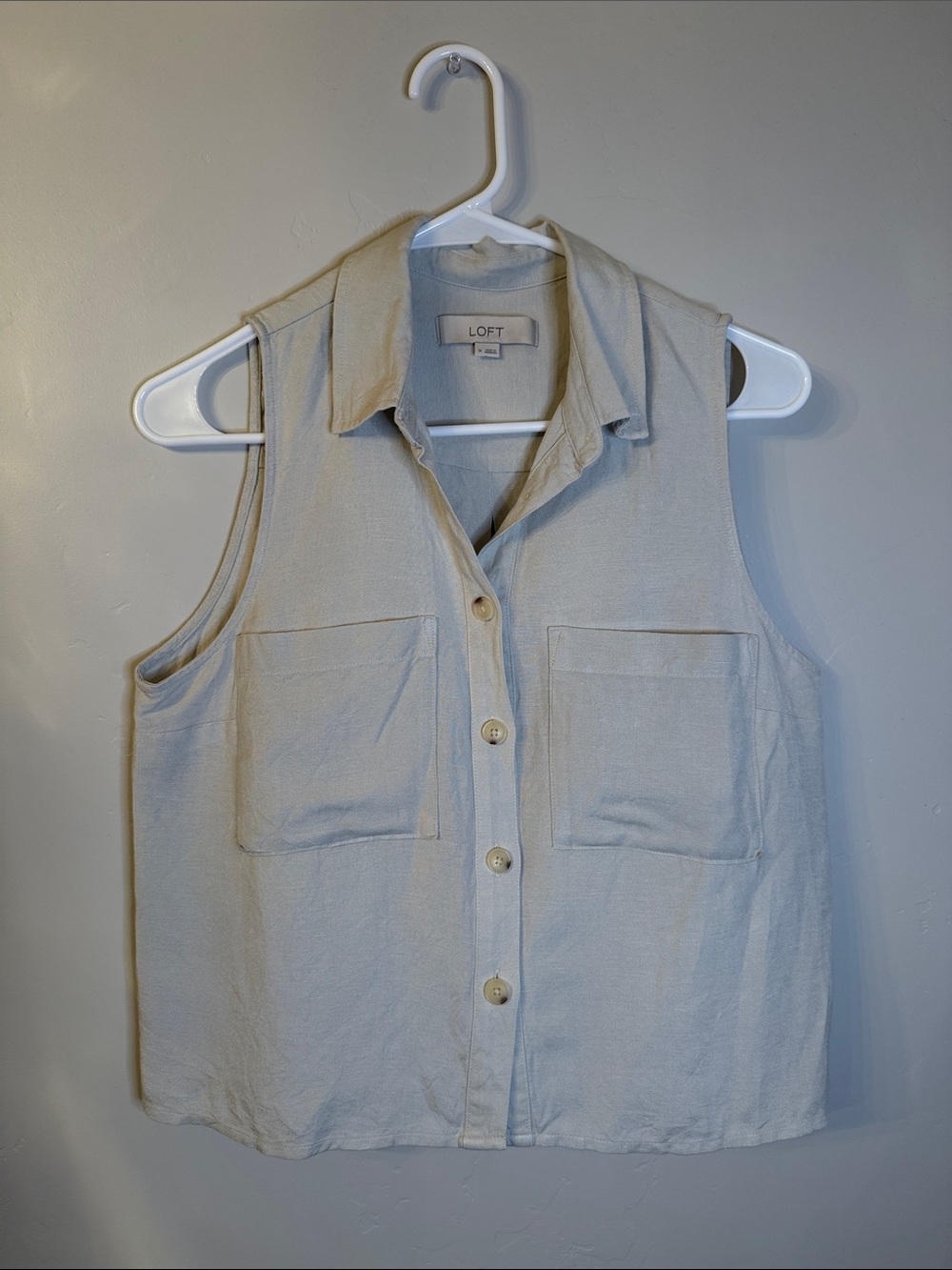 LOFT Cream Sleeveless Button-Down Utility Shirt